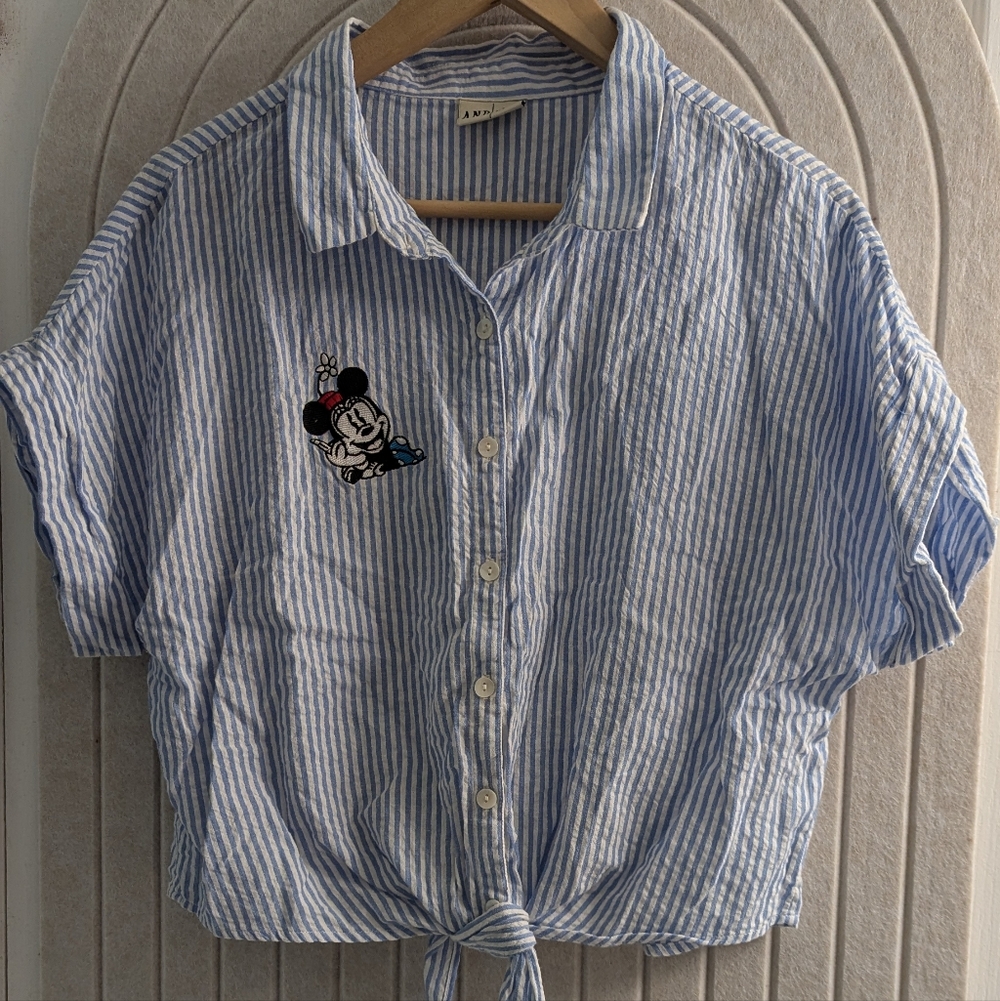 Disney Blue and White Cotton Striped Button Down Shirt Tie Waist